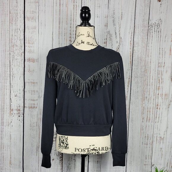 NWOT Bar III Black Small Western Cowgirl Boho Chic Studded Fringe Tassle Sweater - Picture 1 of 8